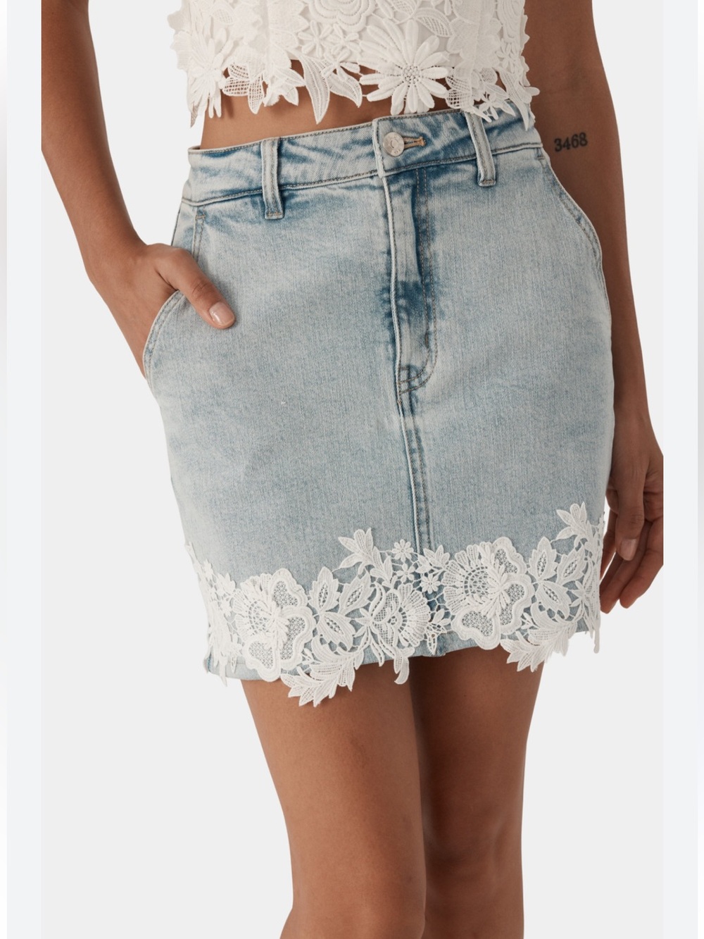 GENERATION LOVELight Wash Denim Skirt with White Lace Trim